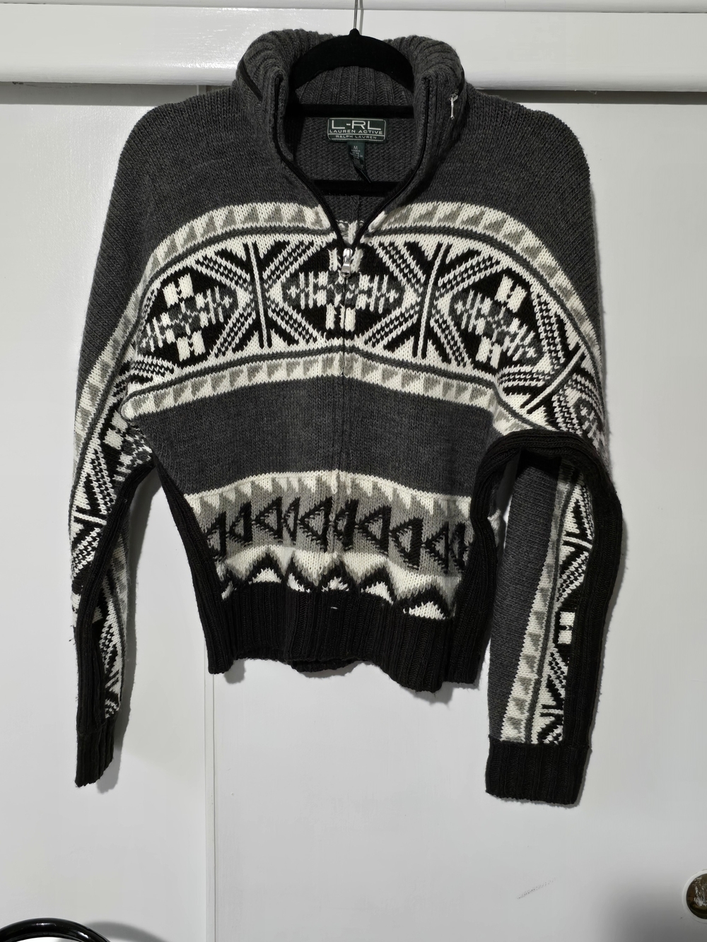 Ralph Lauren Charcoal, Black & Cream Geometric Half-Zip Sweater